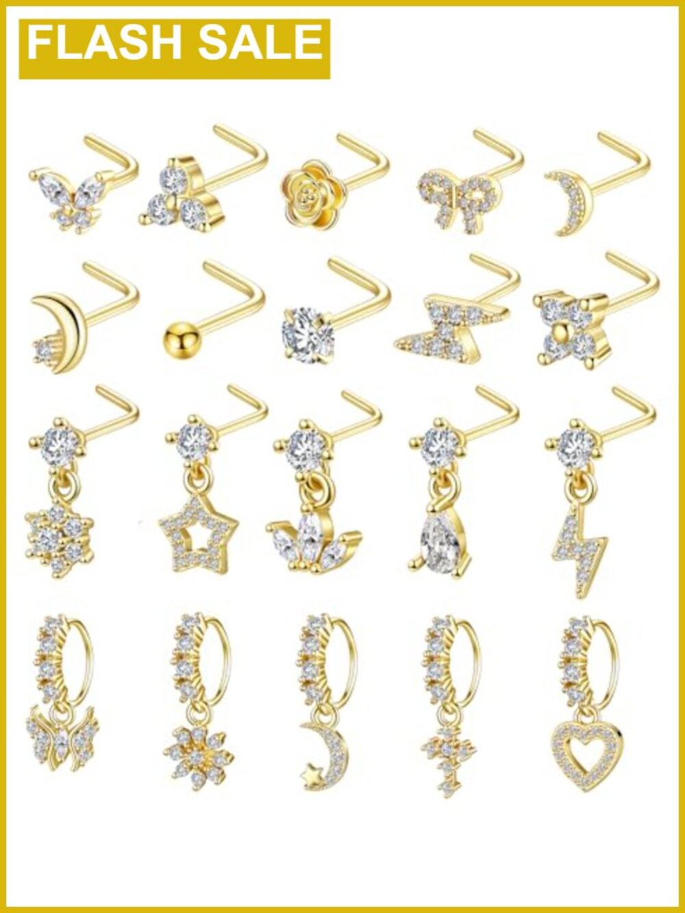 20pc Gold Dangle Nose Ring Set L Shaped CZ Stainless Steel 20G Piercing